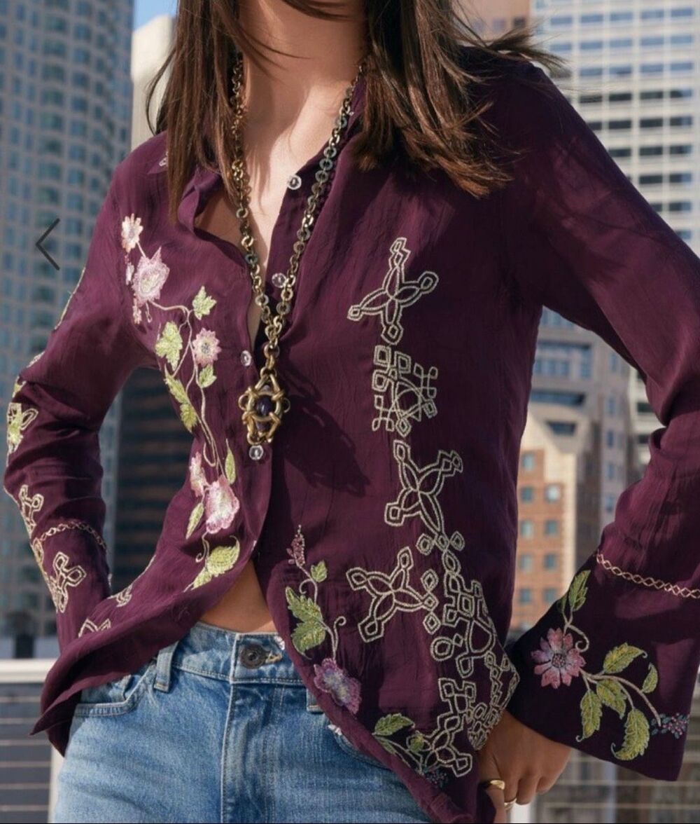 Johnny Was Workshop AVA Embroidered VINTAGE BUTTON DOWN SHIRT Women’s Small